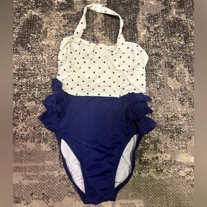 Jamie and Jack Navy and White Polka Dot Halter One Piece Swinsuit
